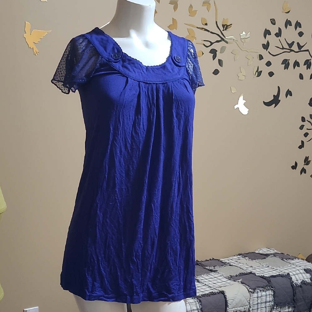 Blue Unique Lace Sleeve Women's Top Tunic Blouse - Strechy with Spandex Size S